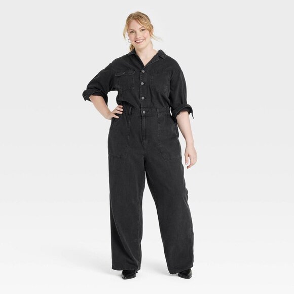 NEW Universal Thread Womens Long Sleeve Utility Baggy Denim Jumpsuit Black 17 - Picture 3 of 7